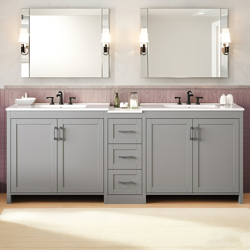 Meuble-lavabo double 84 po, 2 lavabos en céramique et comptoir en quartz avec tablettes réglables 84 po, Gris