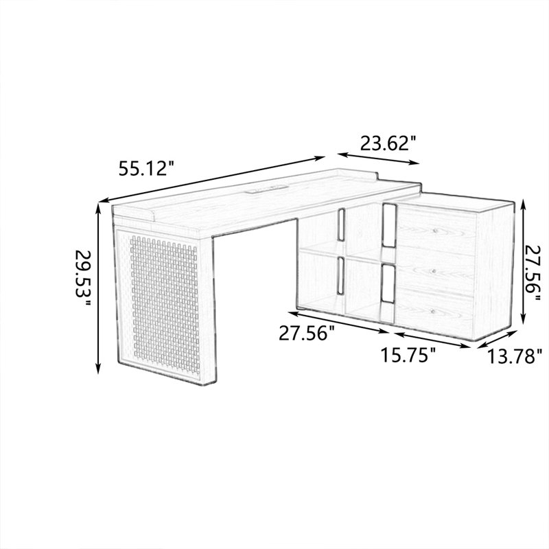 Bureau rectangulaire en bois massif brun clair avec 3 tiroirs, H 29,53 po x l 55,12 po x P 43,31 po