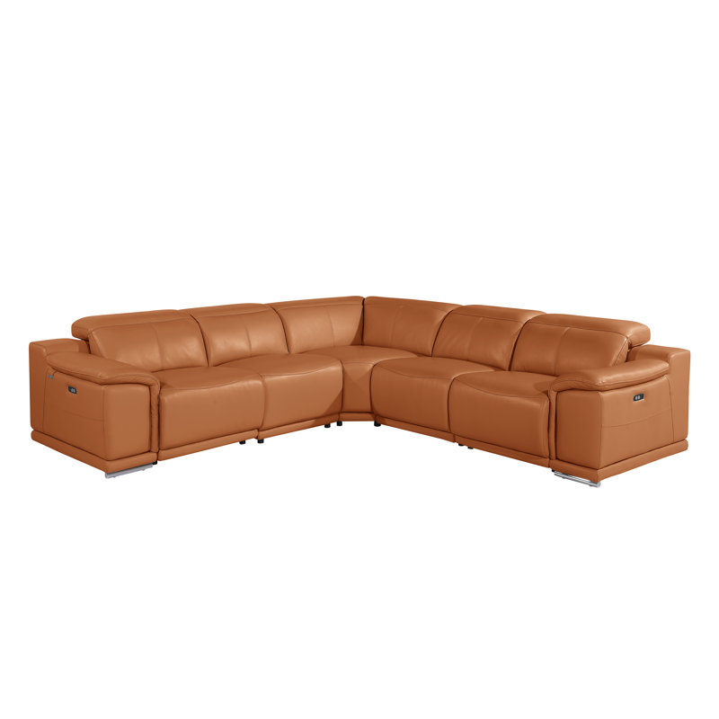 Camel Italian Leather Modular L Shaped Five Piece Corner Sectional