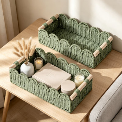 Ensemble de panier de papier hygiénique tissé à la main avec bords festonnés et poignées en bois, structure en métal et corde de papier, pour réservoir de toilette, tablette, comptoir, salon, chambre à coucher