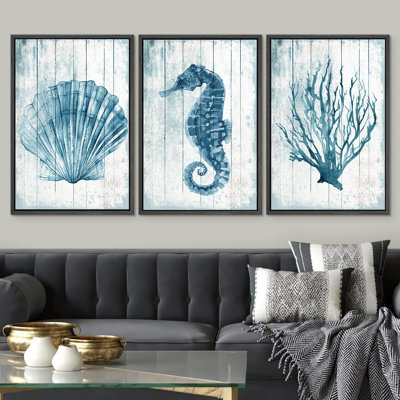 Blue Seahorse , Seashell And Coral Nautical Marine Artwork Framed Canvas Print 3 Pieces Wall Art