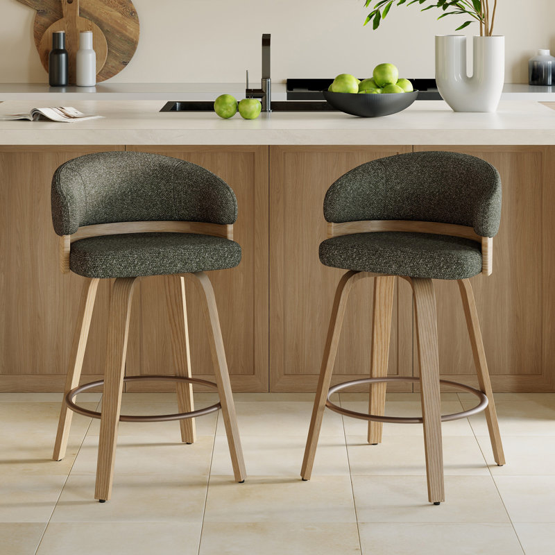 26'' Swivel Upholstered Counter Stool With Wood Frame, Green Seat/Oak Frame