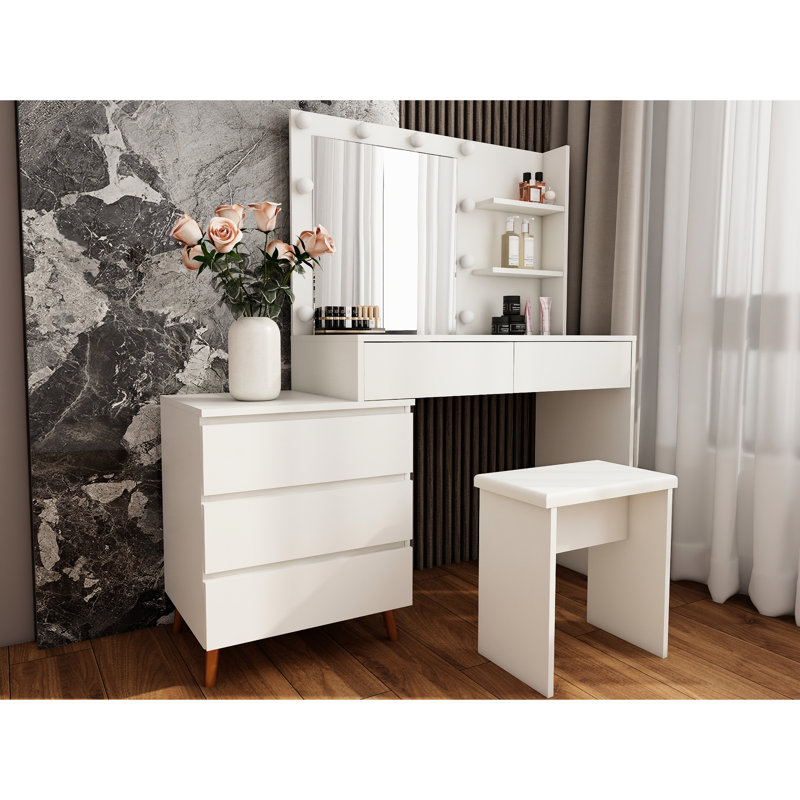 Led Lighted Beauty Vanity With White Finish, Drawers, And Matching Stool, Ideal For Makeup Application, , 53.86 In Depth, 15.29 Width Mirror, Compartments, Material,