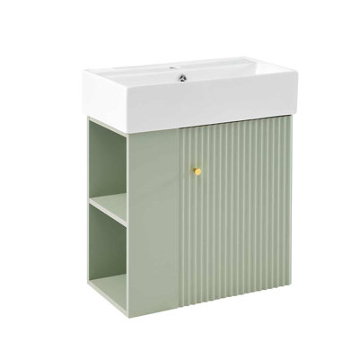 Meuble-lavabo flottant de 21,6 po avec lavabo en céramique pour petites salles de bain, rangement latéral