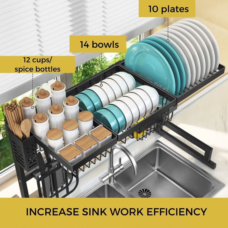 Home Basics Over The Sink Stainless Steel Finish Kitchen Station Dish Rack  Paper Towel Dispenser Organizer 36.5 x 9 x 11.8 inches