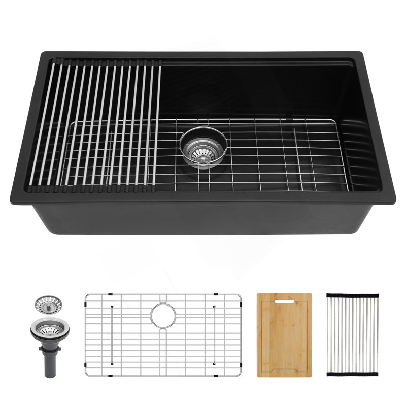 Quartz Kitchen Sink - 33"X19"X9.65" Black Granite Composite Workstation Undermount Kitchen Sink, Black