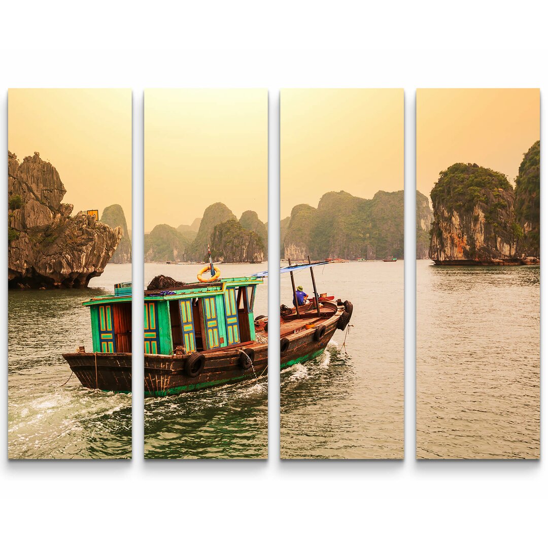 4-tlg. Leinwandbilder-Set Halong-Bucht mit buntem Boot - Vietnam