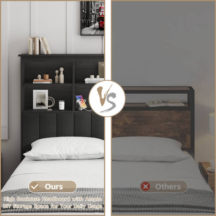 Metal Bed Frame with Bookcase Headboard, Rustic Gray