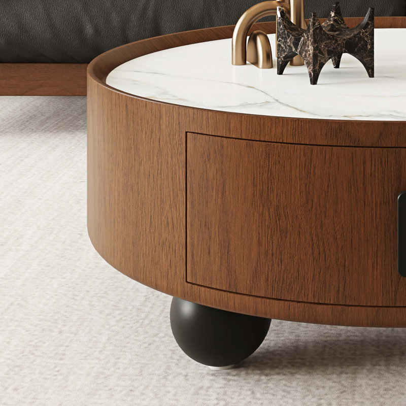 Table basse Mid-Century moderne avec rangement caché et plateau en pierre