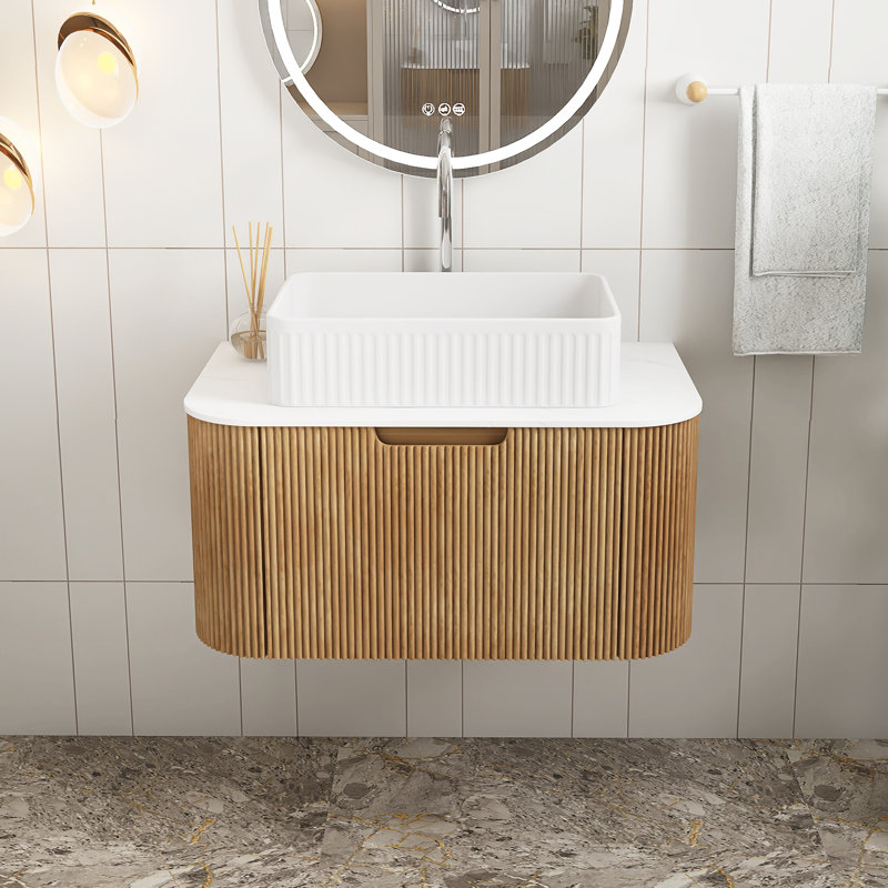 Meuble-lavabo mural rectangulaire en céramique 30 po en grain de bois naturel