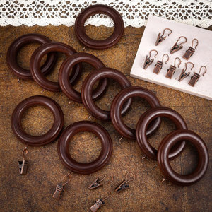 16 Pack Wooden Curtain Rod Rings With Clips - 2.95 Inch Outer Diameter, Fits 1-1.5 Inch Rods, Beech Wood