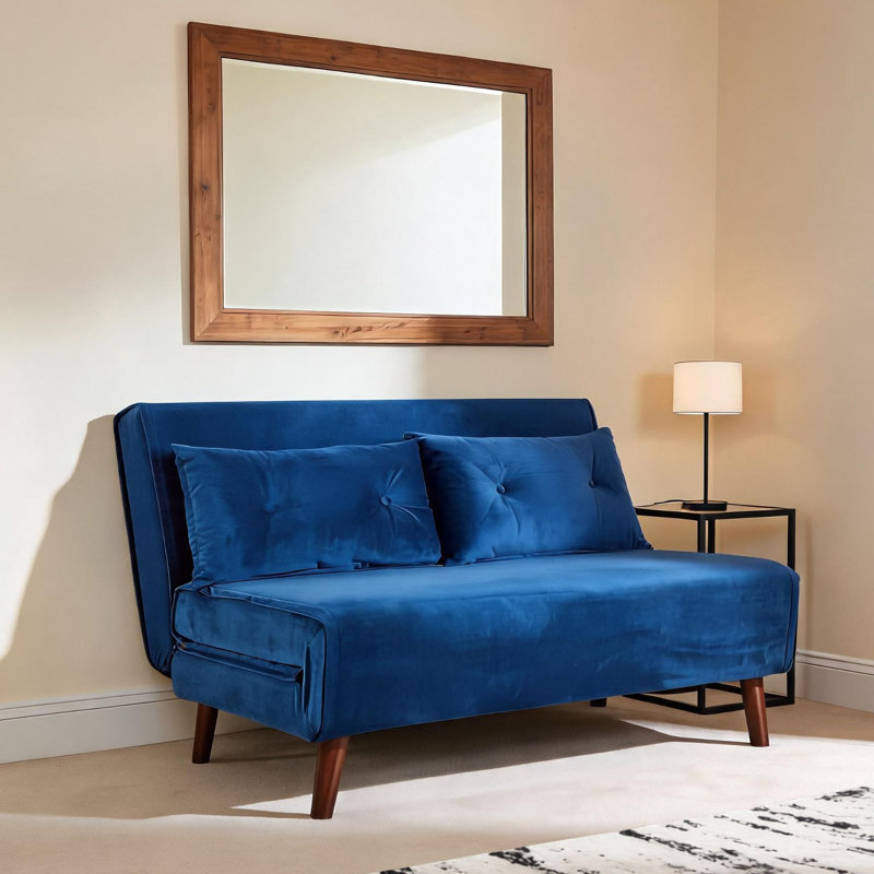 Lonara Two Seater Upholstered Double Sofa Bed, Blue Velvet