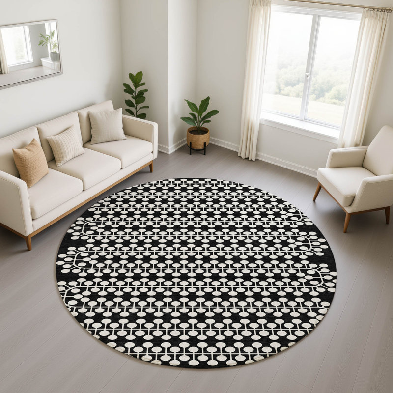 Premium Machine Washable Mayfield AMF2247 Geometric Rug, 8' Round, Black