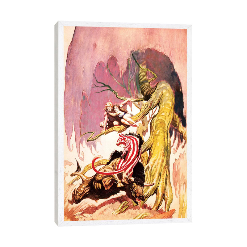 Attacked by Frank Frazetta - Painting on Canvas, White Framed, 66.04cm H x 45.72cm W x 3.81cm D