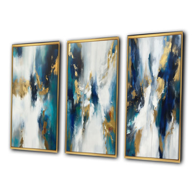 Indigo Awakening abstrait en bleu et or - ensemble de 3 peintures abstraites