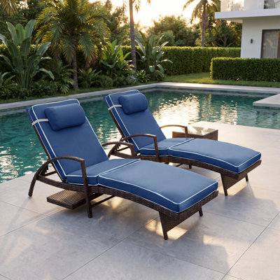 2 Piece Outdoor Wicker Chaise Lounge Set Adjustable Pool Lounge Chairs with Cushions and Built-in Side Table