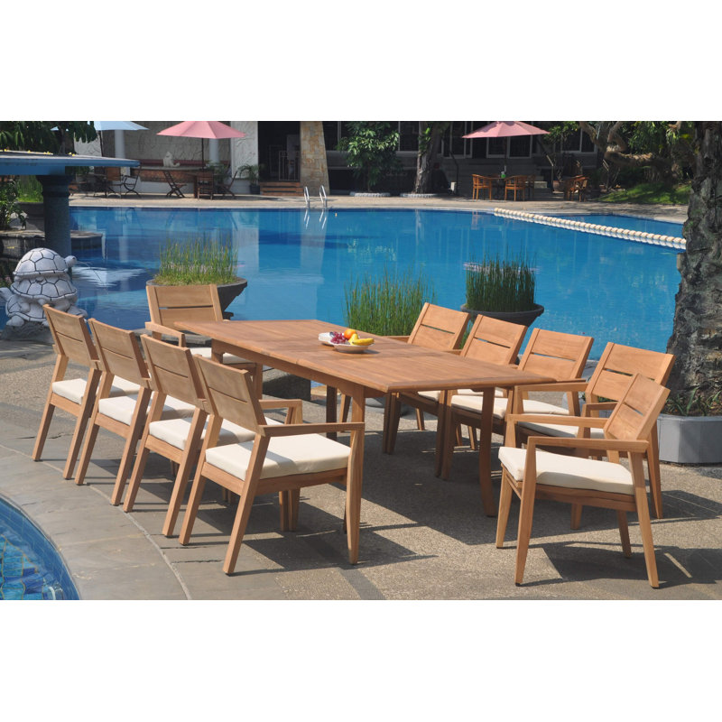 8 Seats 9 Pcs Grade-A Teak Wood Dining Set: 94" Double Extension Rectangle Table And 8 Vellore Stacking Arm Chairs #01Vlk, 10