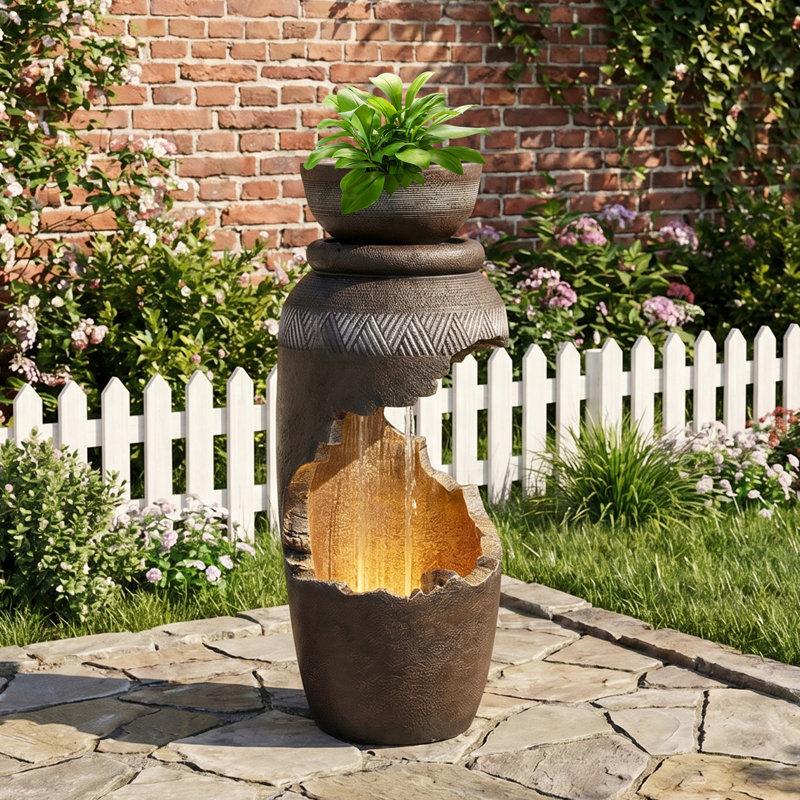 Bowl Water Fountain with LED Light and Planter Top, Modern Cascading Flow Fountain for Garden, Yard, Patio, Home Decor