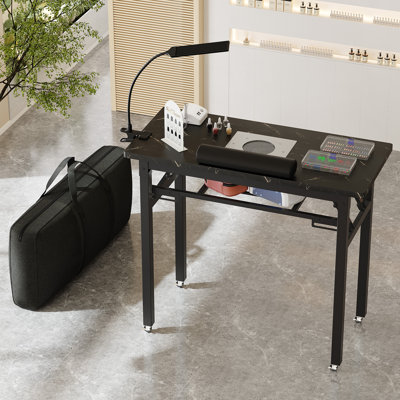 Kylan Professional Foldable Nail Table with Metal Frame, Dust Collector, Wrist Cushion, LED Lamp and Storage Accessories
