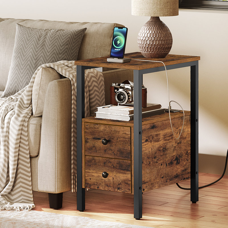 24'' Tall 2 - Drawer End Table with Storage and Charging Station, Black, Brown