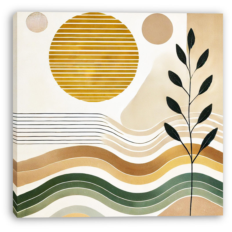 Vagues dorées et soleil, art abstrait sur toile tendue, H 16 po x l 12 po x P 1 po