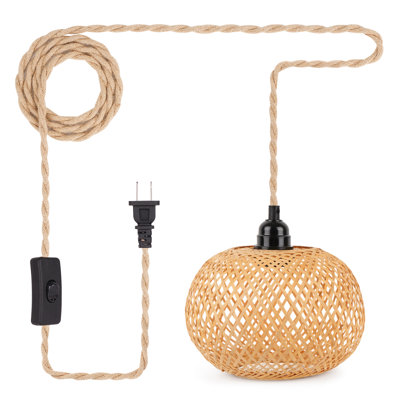 Luminaire suspendu simple en rotin naturel 15 pi avec interrupteur en corde de chanvre 15 pi Boho pour salon de ferme