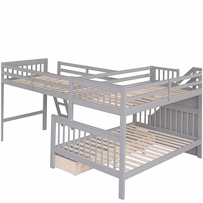 Double over full size L-shaped bunk bed with 3 drawers, ladder, and stairs - Grey