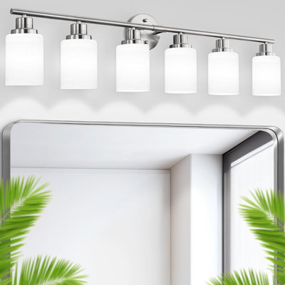 6-Light Vanity Bathroom Mirror Light, Frosted White Glass Nickel