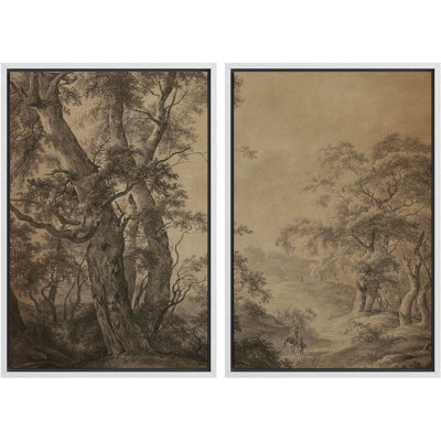 "Vintage sépia forest paysage croquis", reproduction d'art sur toile encadrée 2 pièces