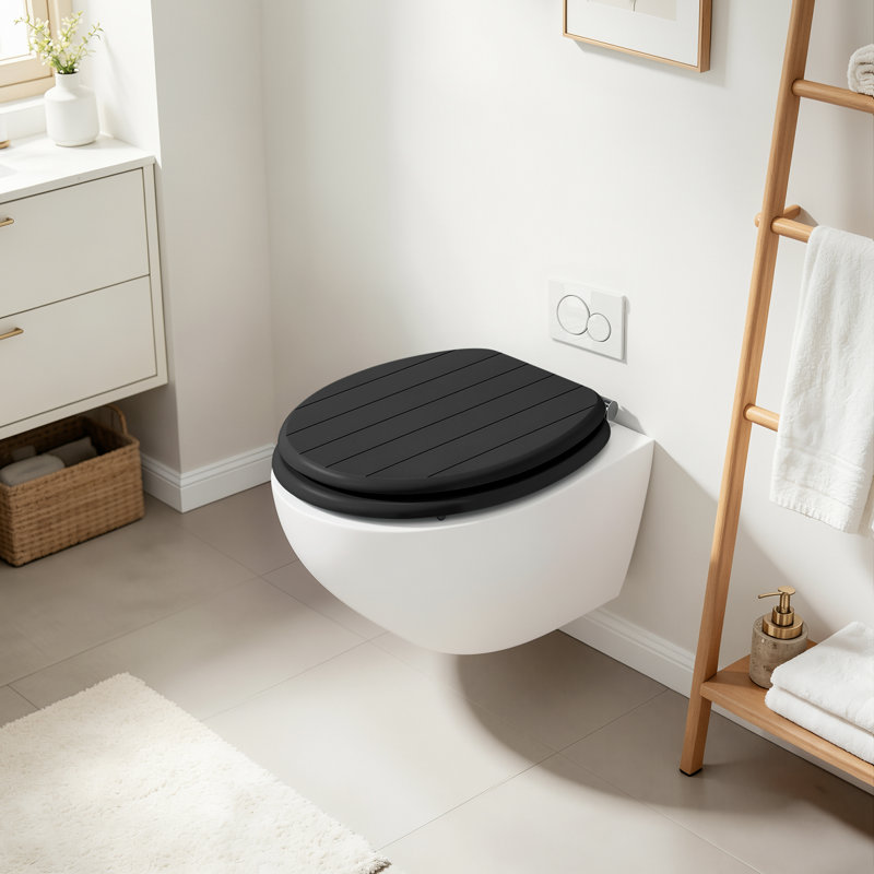 Soft Close Toilet Seat, Universal Toilet Seat O-shaped Wooden with Stainless Steel Hinges, Quick Release, Easy Cleaning, Striped Texture, MDF