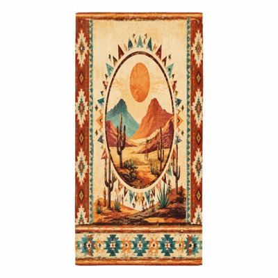 1Pcs Desert Landscape Beach Towel, featuring a captivating Southwest art print with cacti, mountains, and setting sun, perfect for trips, travel, camping, stylish artistic, unisex.