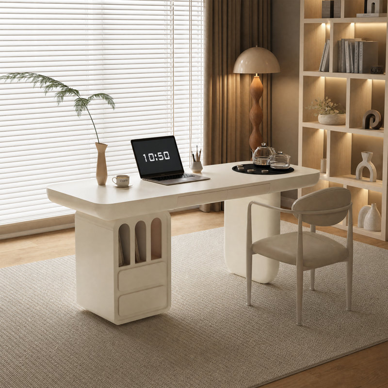 Drish 63" Off-White Modern Executive Desk for Home Office and Study with Storage, 29.50" H x 63" W x 27.50" D