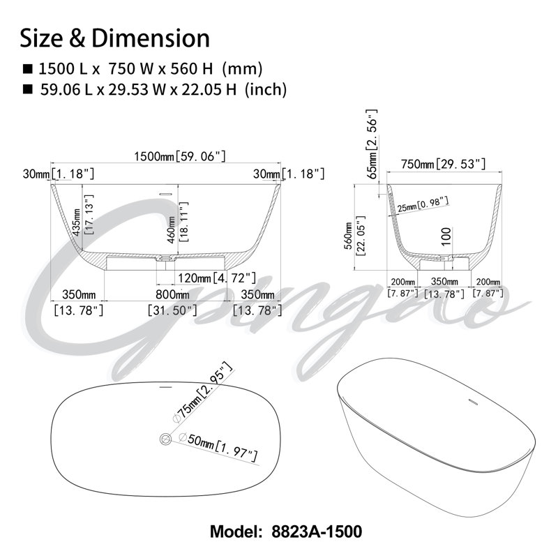 59.06'' x 29.53'' Soaking Solid Surface Bathtub