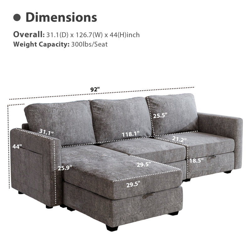Canapé modulaire en L pour salon, H 44 po x l 92 po x P 31,1 po, Gris chenille