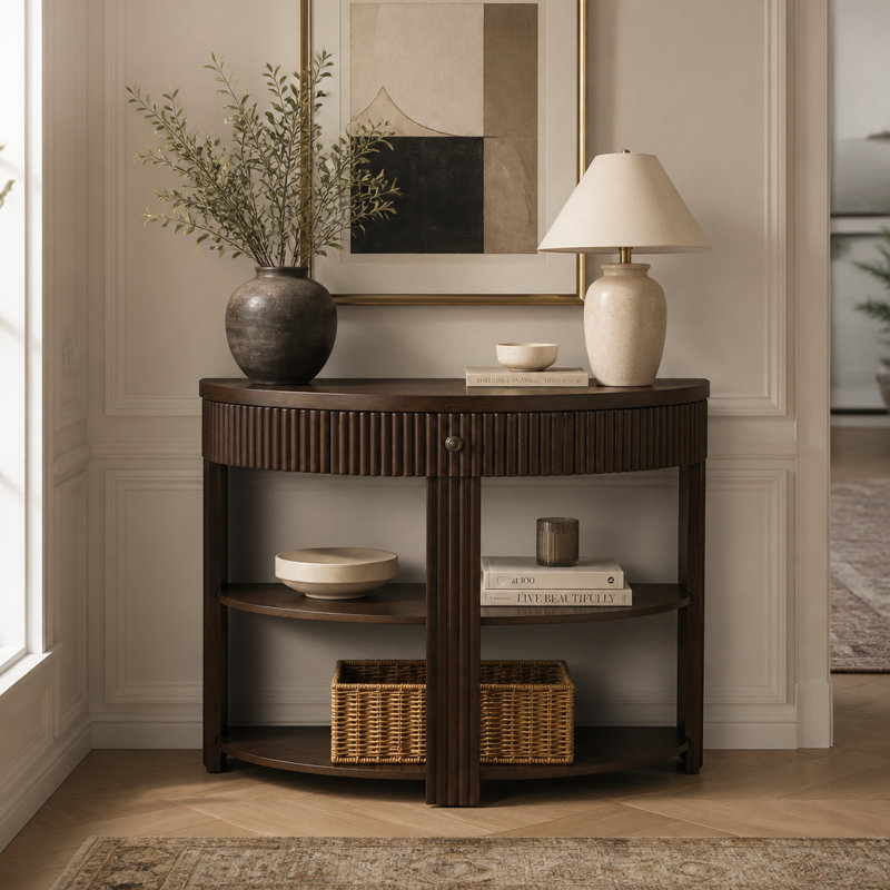 Console cannelée demi-lune avec tiroir et 2 tablettes, Espresso