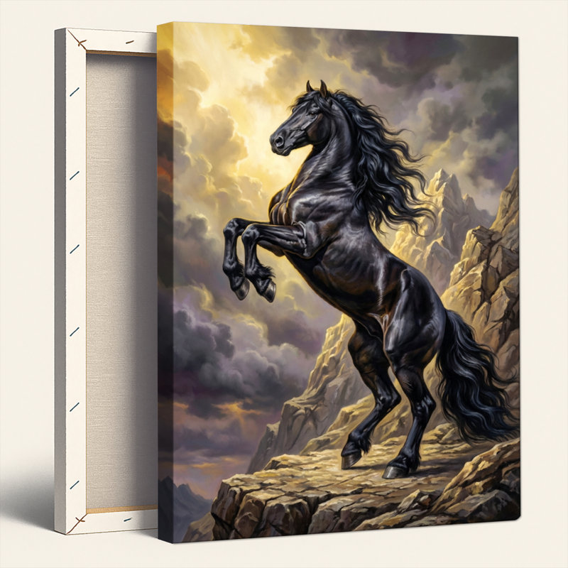 Ensemble de 1 tableau sur toile tendue représentant un cheval noir au sommet d'une montagne, 2030