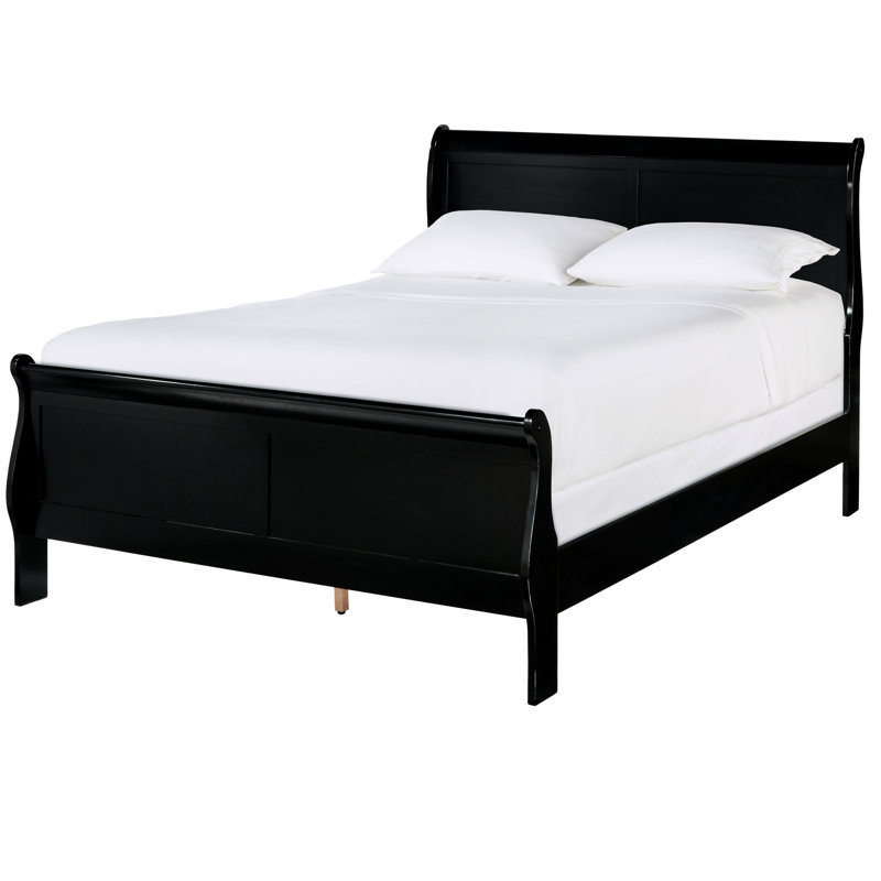 Grand lit en noir, conception traditionnelle avec tête de lit, lit unitaire noir, rails inclus
