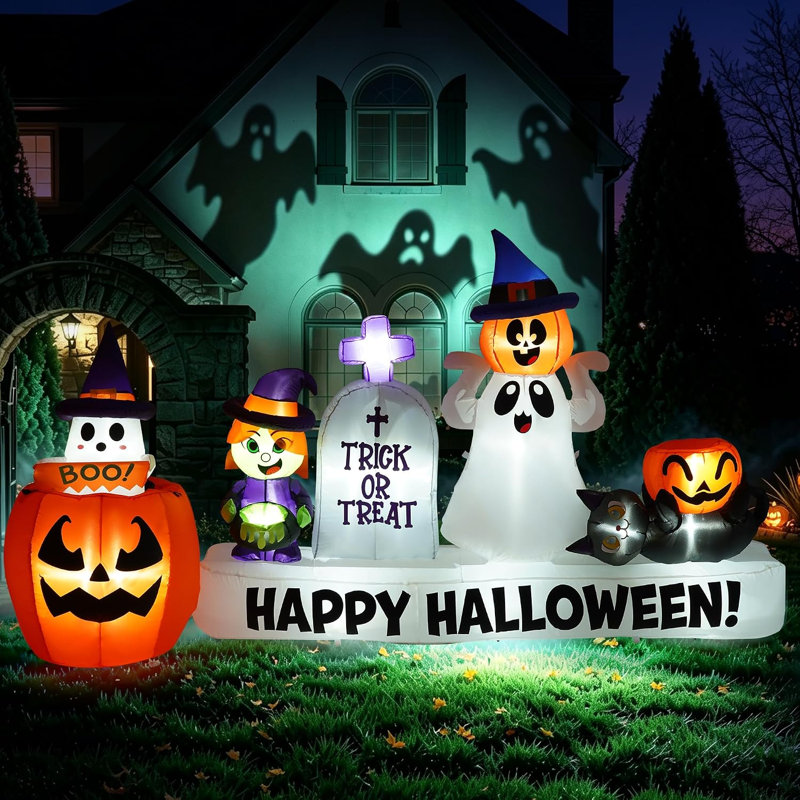Décoration gonflable d'Halloween de 2,74 m (9 pi), bannière animée de citrouille sorcière à déploiement rapide