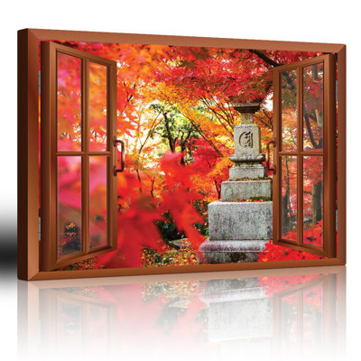 Autumn Fall " Modern Copper Window Looking Out Into A Japanese Statue Surrounded By Red Trees "