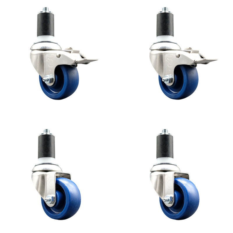 Solid Poly Swivel Expanding Stem Caster Set with 2 Lock Brake, 3" H x 3" W