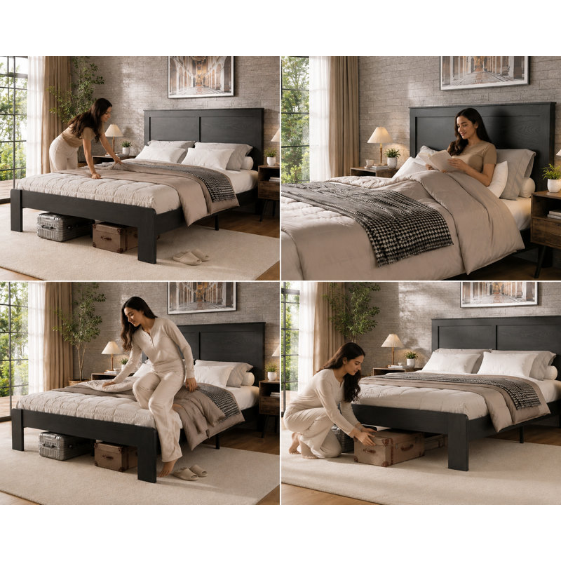 Structure de lit plateforme double avec lattes de bois et rangement sous le lit, noir