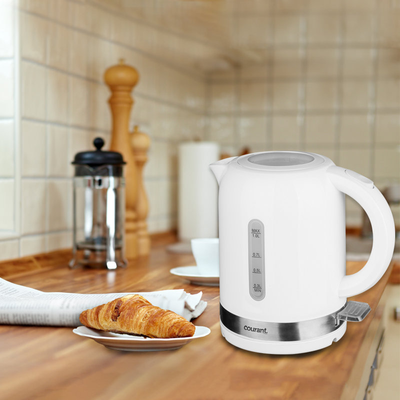 White 1-Liter Stainless Steel Electric Kettle with 360° Rotation