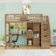 Lit mezzanine simple en bois avec bureau en L, tablettes, éclairage DEL et escalier de rangement-57472460