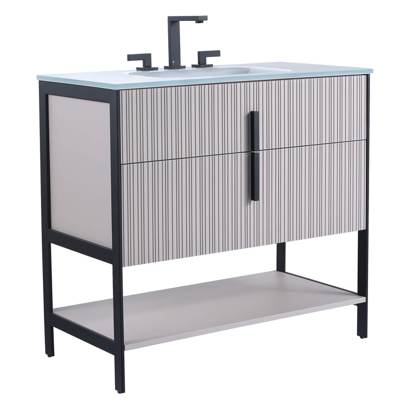 Meuble-lavabo simple avec plateau en verre Millisa, Taupe éclatant, Laiton satiné, 30"