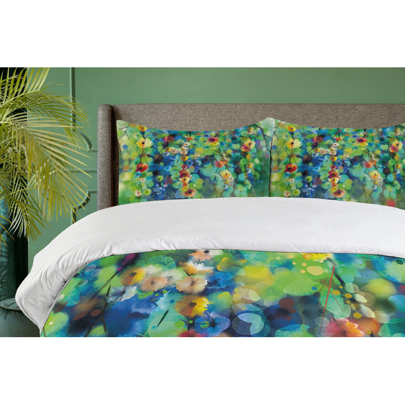 Vibrant Green Blue Floral Microfiber Queen Duvet Cover Set