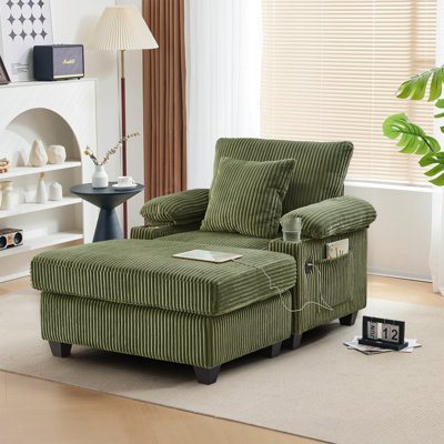 Corduroy Chaise Lounge Chair Indoor with Ottoman & Adjustable Backrest, Upholstered Oversized Accent Chair with USB Charging Ports, Cup Holders, Comfy by Mercer41