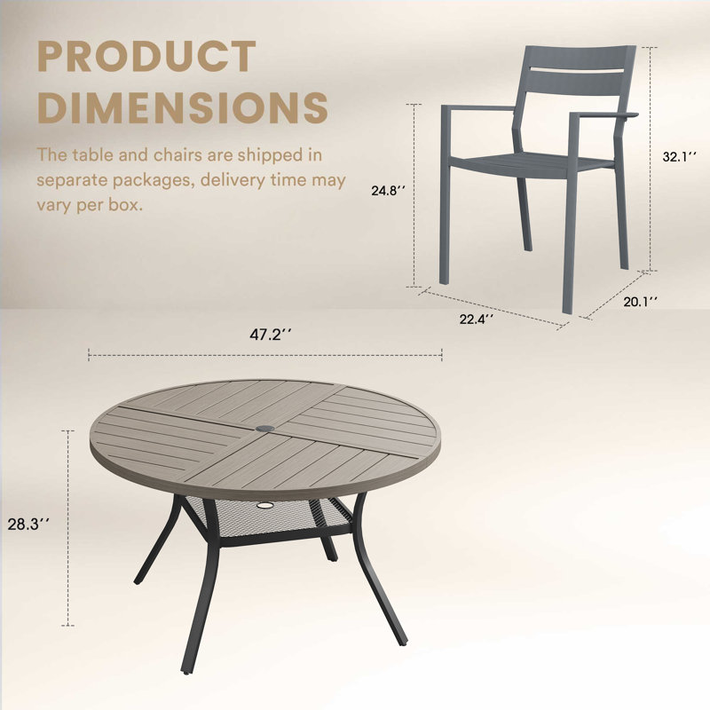 6-Person Patio Dining Set With Metal Chairs, Gray Woodlike/Black