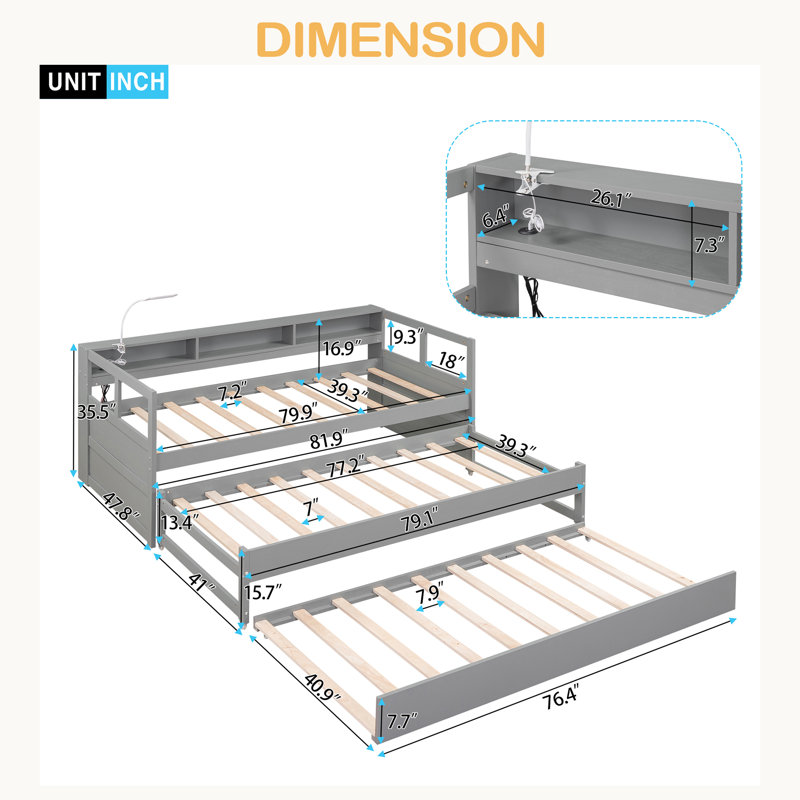 Twin XL Wood Daybed With 2 Trundles, 3 Storage Cubbies, 1 Light For Free And USB Charging Design, Gray