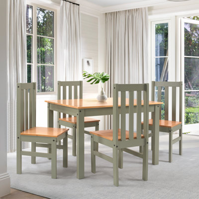 Souheir 5-Piece Solid Pinewood Dining Set – 43" Modern Wooden Kitchen Table and 4 Chairs Dinette Set for Small Spaces, Apartments & Breakfast Nooks (White, Green, & Gray Color Variations)