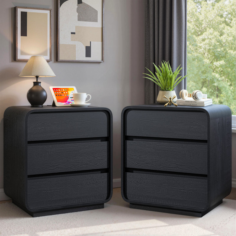 Ensemble de chambre à coucher courbée 3 pièces avec station de charge noire, Black
